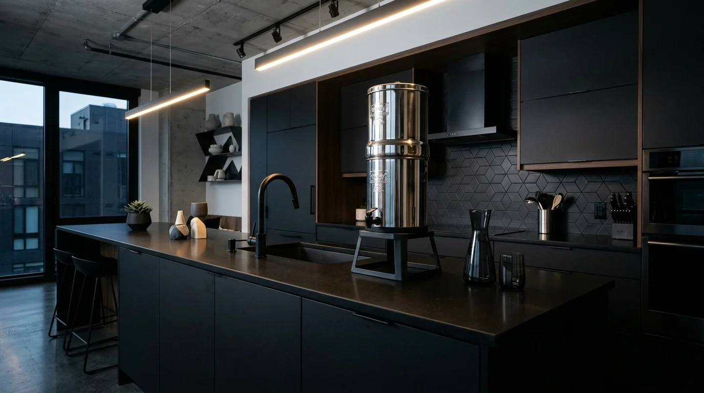A sleek contemporary kitchen with a Berkey water filter integrated into a black countertop setup, matte finishes, geometric decor, dramatic lighting contrast, modern aesthetic, low-angle shot, no people