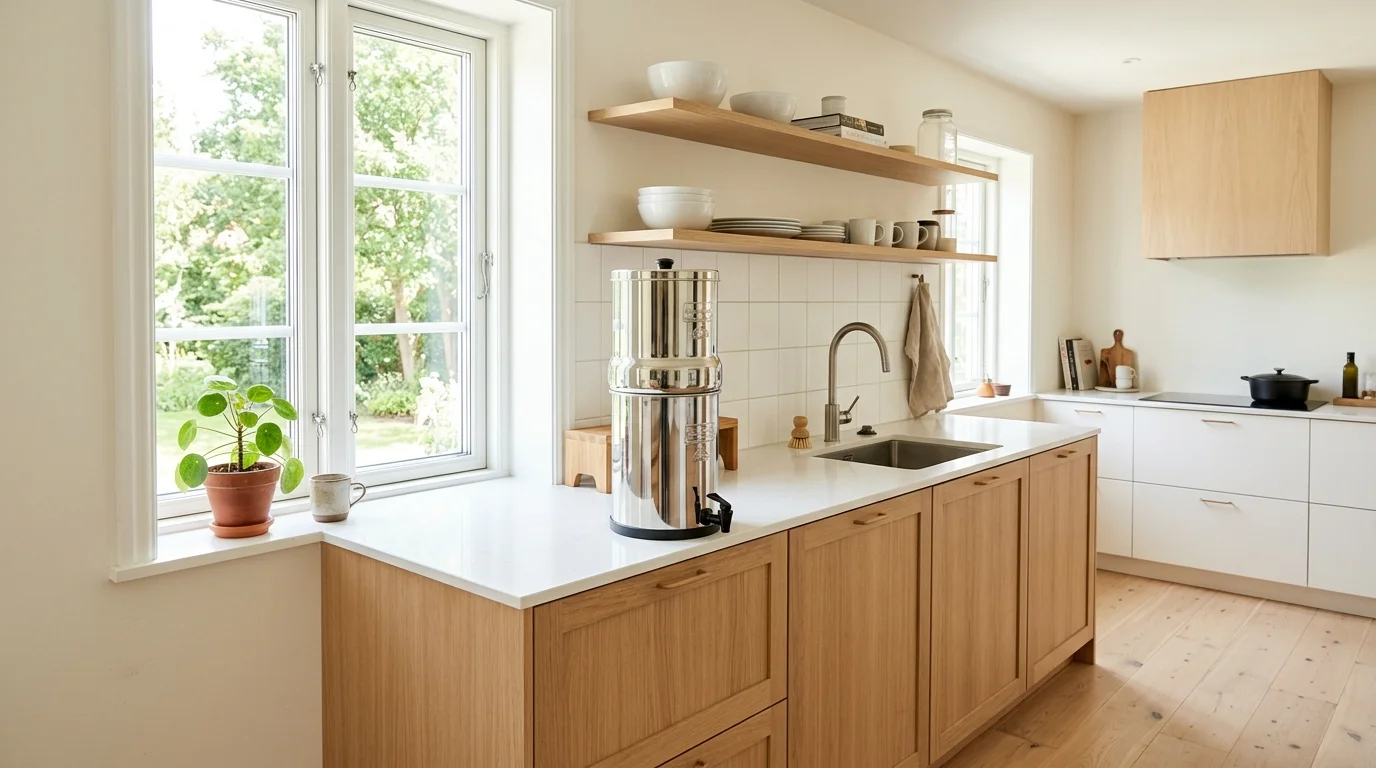A Scandinavian-style kitchen with a Berkey water filter on a clean white counter, light wood accents, simple decor, bright natural lighting, airy feel, straight-on composition, no people