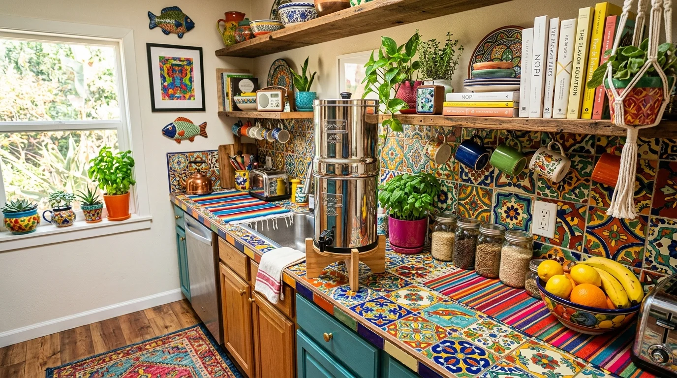 A colorful eclectic kitchen display with a Berkey water filter surrounded by vibrant tiles, bold decor pieces, mixed textures, bright cheerful lighting, lively composition, angled wide shot, no people