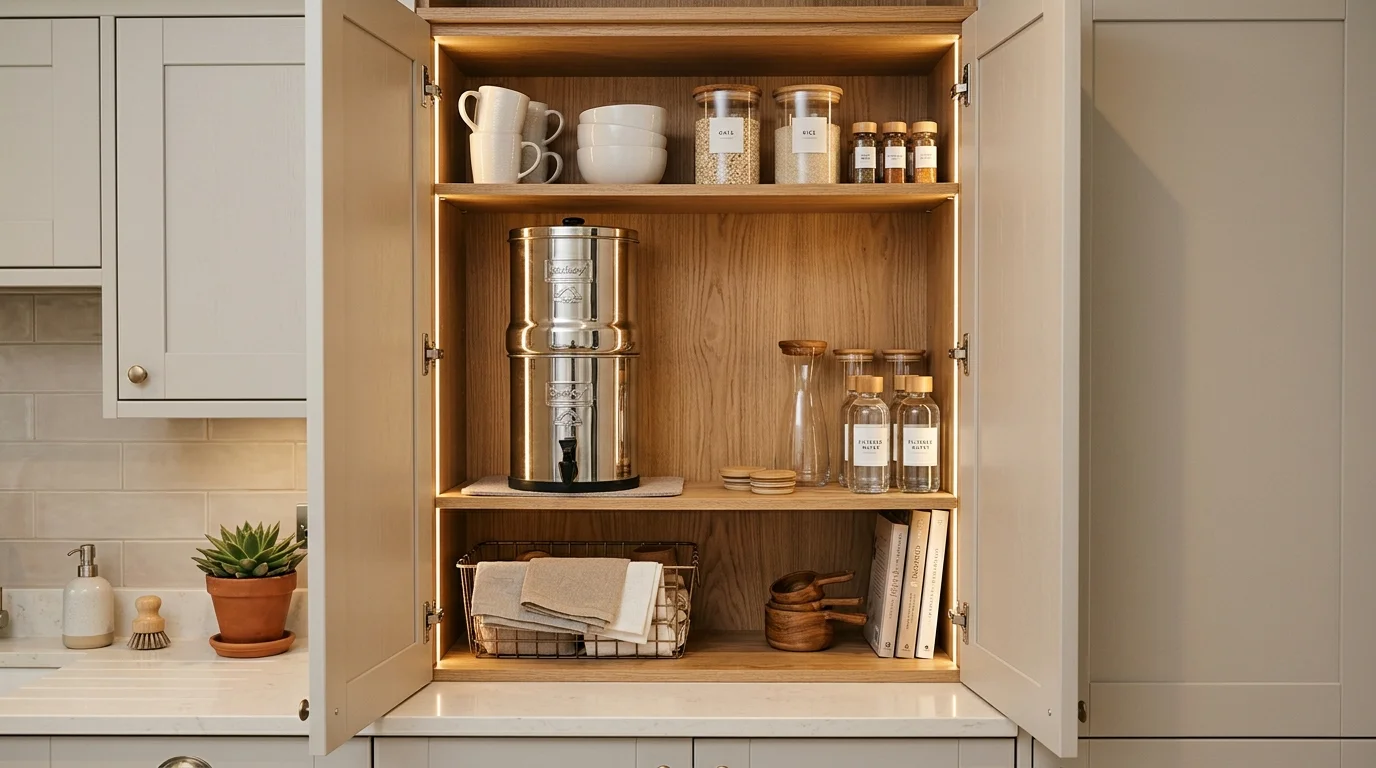 A hidden cabinet kitchen setup with a Berkey water filter neatly placed inside an open cupboard, organized shelves, neutral tones, soft interior lighting, tidy and functional look, close-up shot, no people