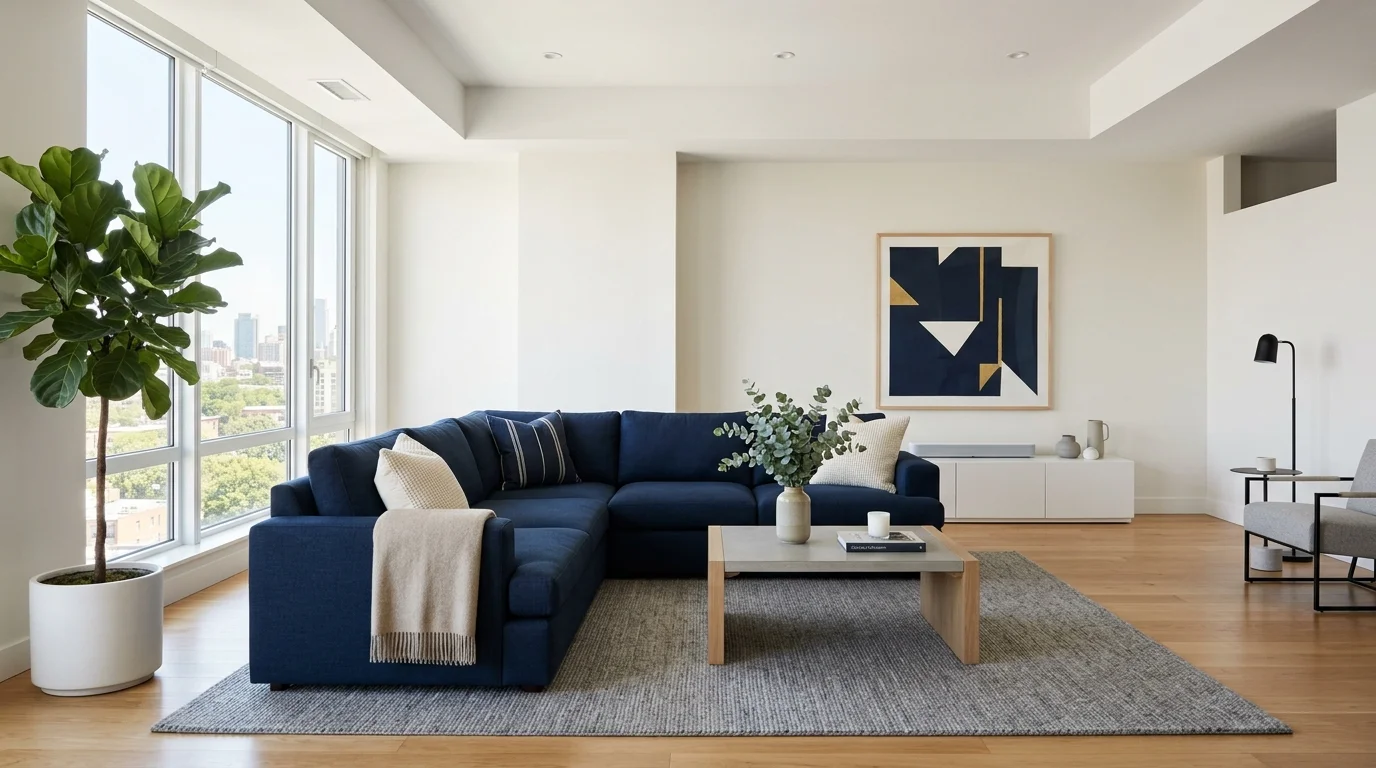 A modern space with a navy blue sectional sofa and minimalist decor bright lighting clean contemporary design no people