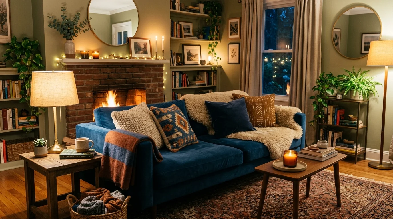 A cozy living room with a blue couch layered with textured pillows and throws warm ambient lighting inviting atmosphere no people