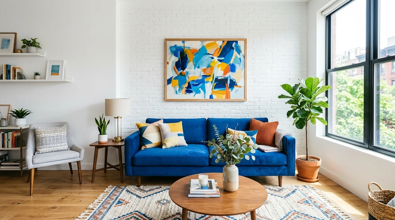 A living room with a blue couch against a white wall creating strong contrast bright natural light fresh bold design no people