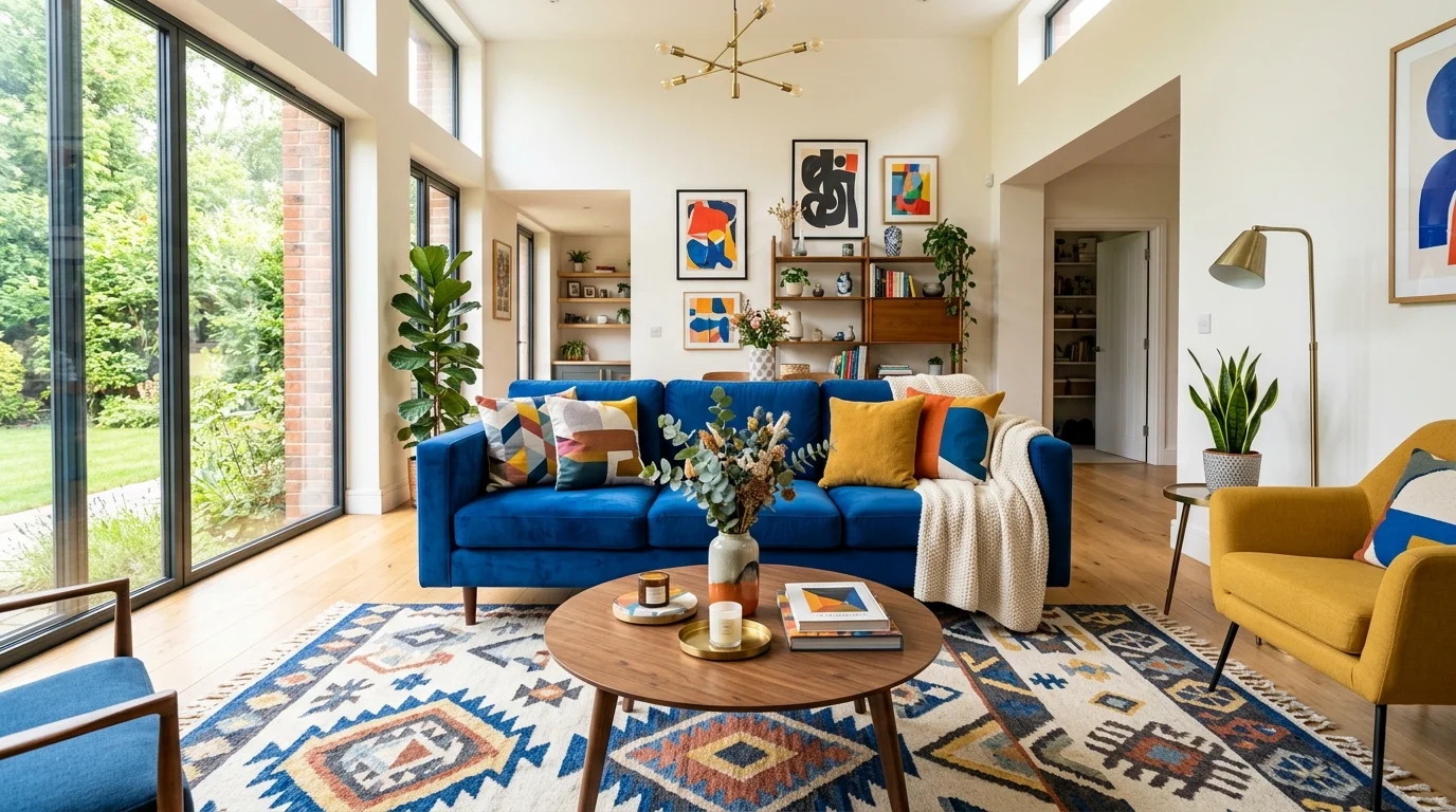A space with a blue couch and patterned rug adding visual interest bright lighting dynamic interior style no people
