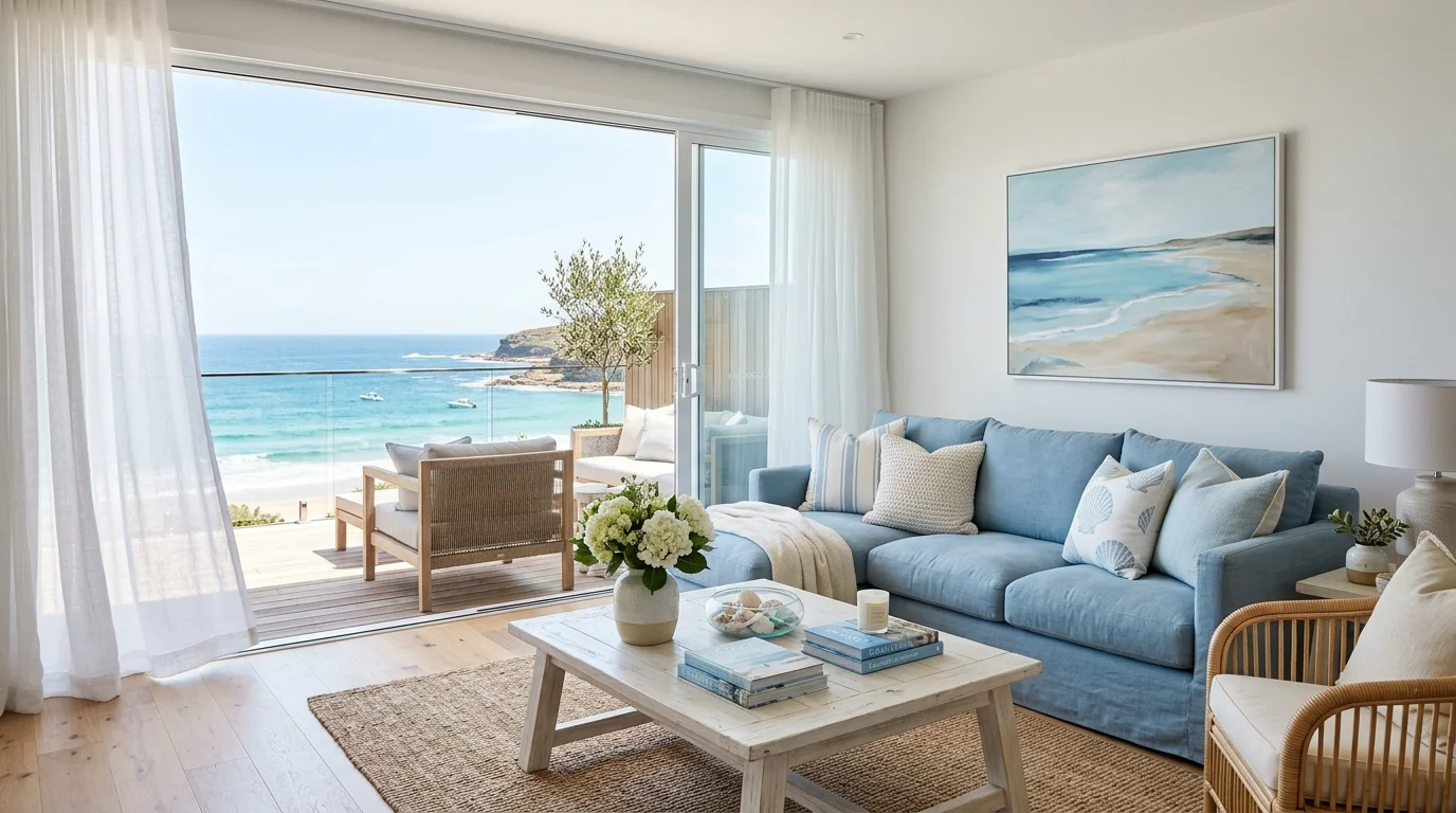 A coastal living room with a soft blue couch and light decor bright natural daylight breezy relaxed vibe no people