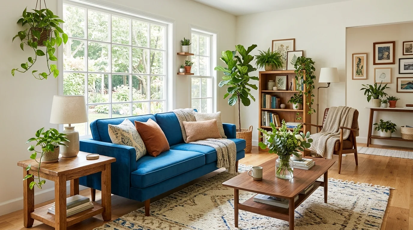 A living room with a blue couch paired with wooden furniture and greenery bright natural light balanced warm design no people