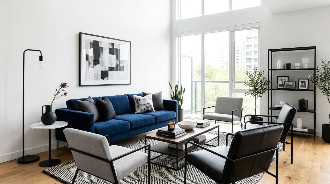 A modern room with a sleek blue sofa and monochrome decor bright lighting stylish contemporary setup no people