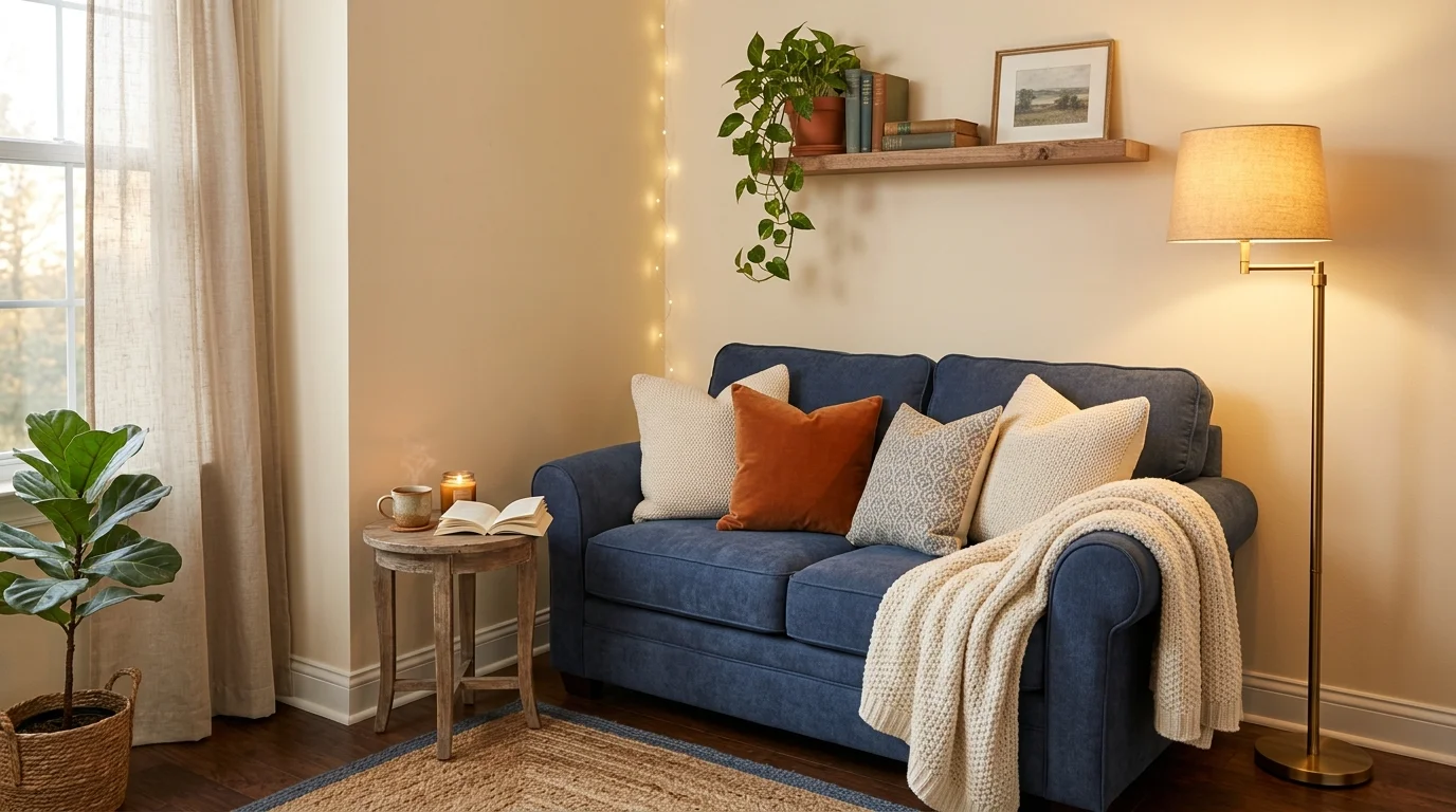 A cozy corner with a blue loveseat and soft cushions warm lighting relaxing nook no people