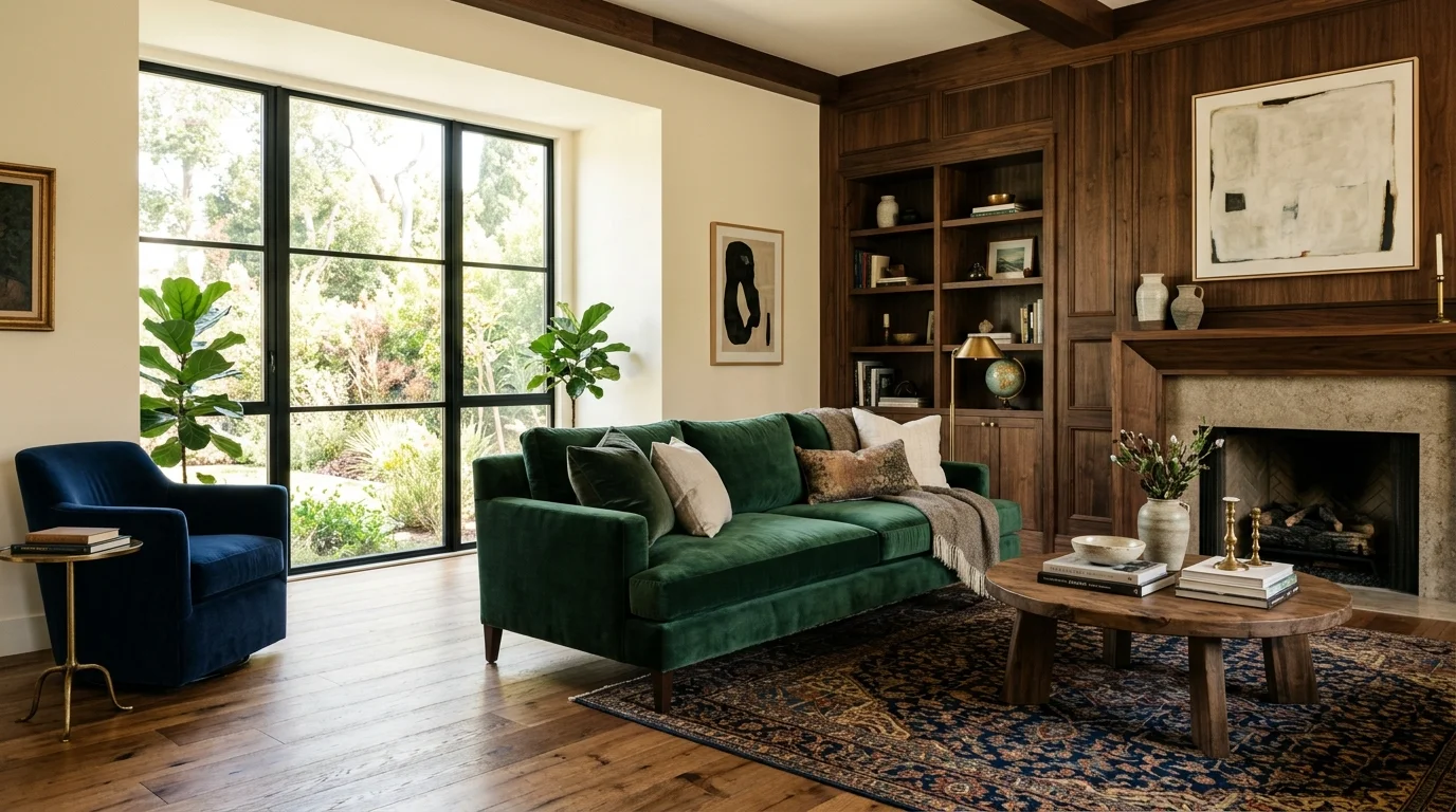 A space with a mix of textures including velvet fabric and wood bright natural daylight rich stylish design no people