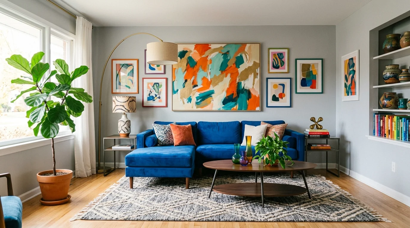 A living room with a blue couch and abstract art on the wall bright lighting artistic bold decor no people