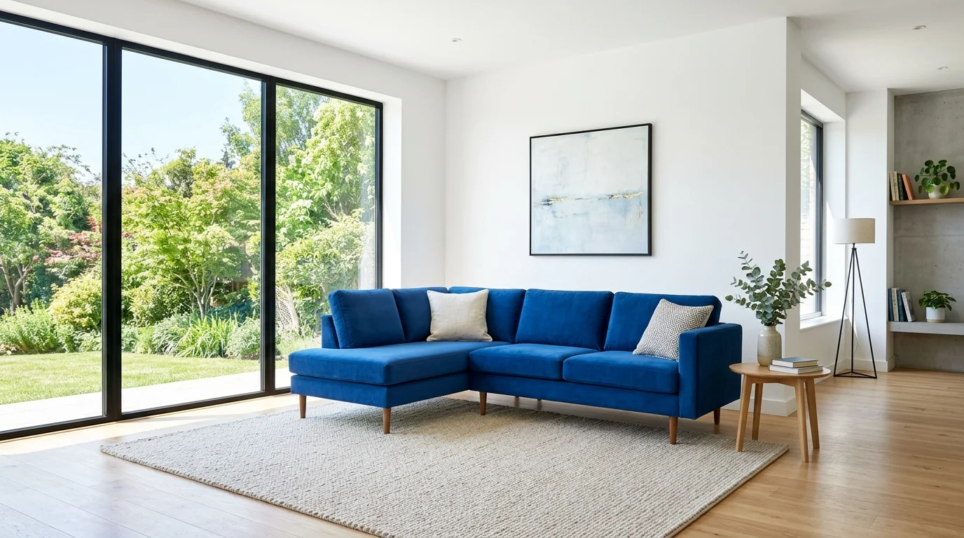 A bright room with a blue couch and minimal decor bright natural daylight clean striking look no people