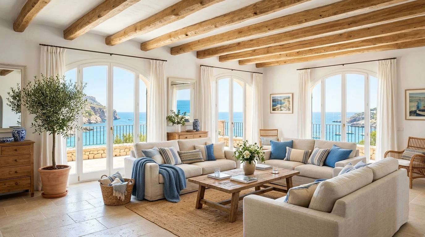 A bright space with wooden ceiling beams light linen sofas and blue accents bright natural daylight airy coastal Mediterranean vibe no people