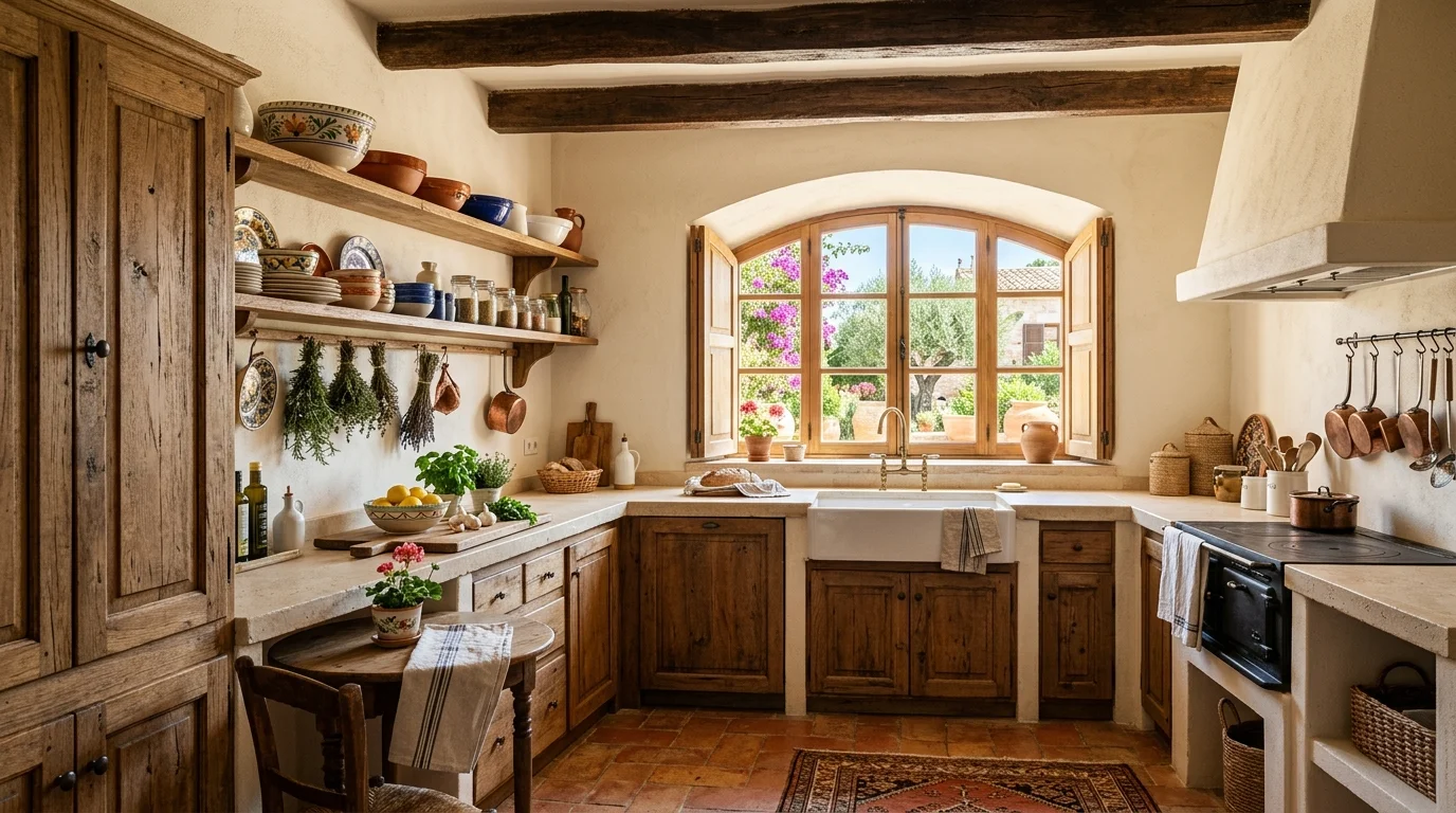 A kitchen with terracotta tiles open shelving and rustic wooden cabinets bright sunlight warm inviting Mediterranean charm no people