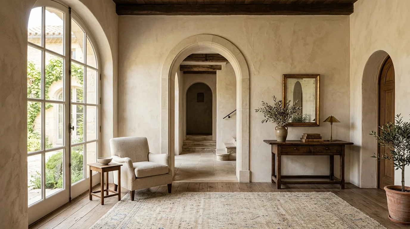 A room with arched doorways and neutral tones paired with textured walls bright natural light timeless European design no people