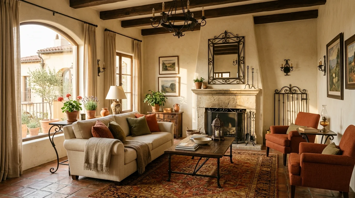 A living room with wrought iron decor pieces and warm earth tones soft sunlight creating a cozy Mediterranean feel no people