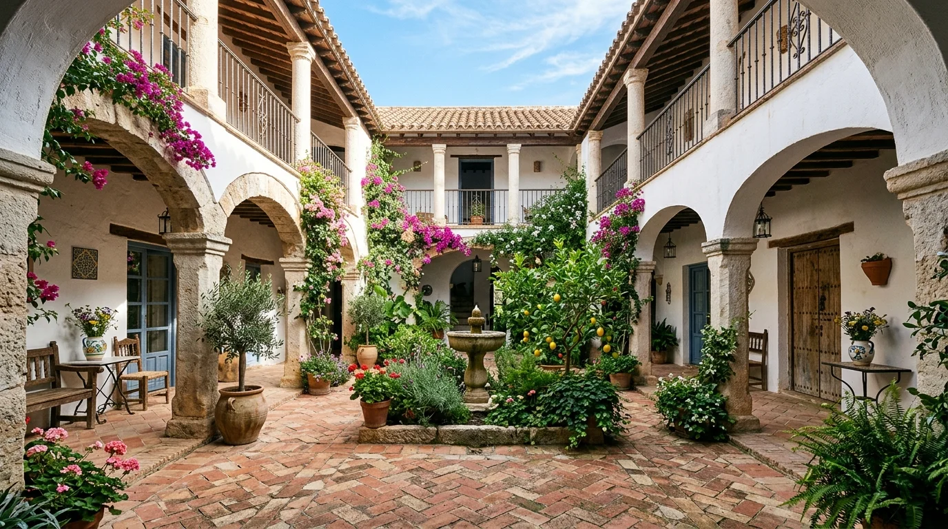 A courtyard style interior with tiled flooring greenery and open sky above bright natural daylight authentic Mediterranean ambiance no people