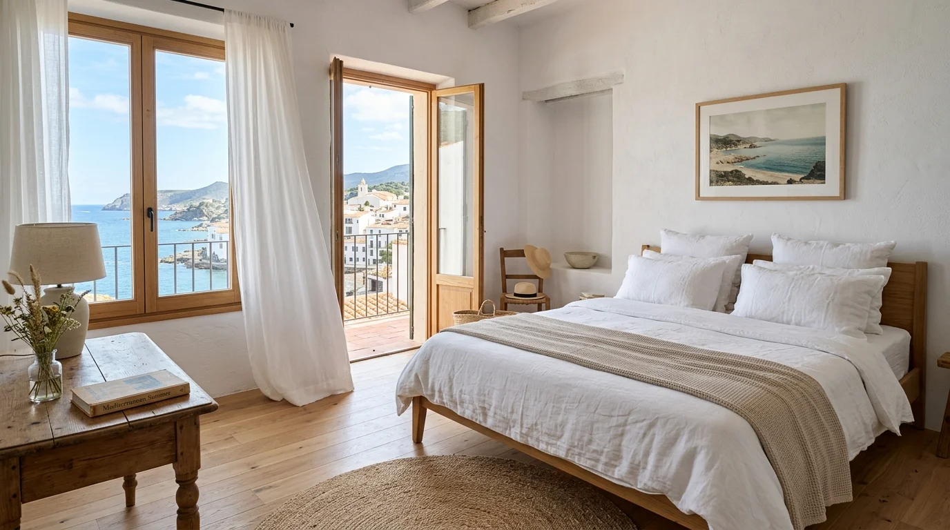 A bedroom with white walls linen bedding and simple decor bright sunlight serene coastal European retreat no people