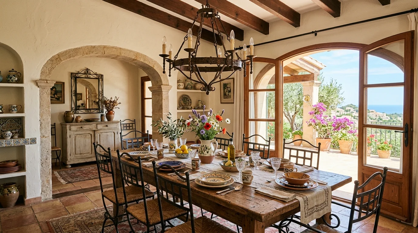 A dining space with a wooden table ceramic dishware and a rustic chandelier bright natural light charming Mediterranean style no people
