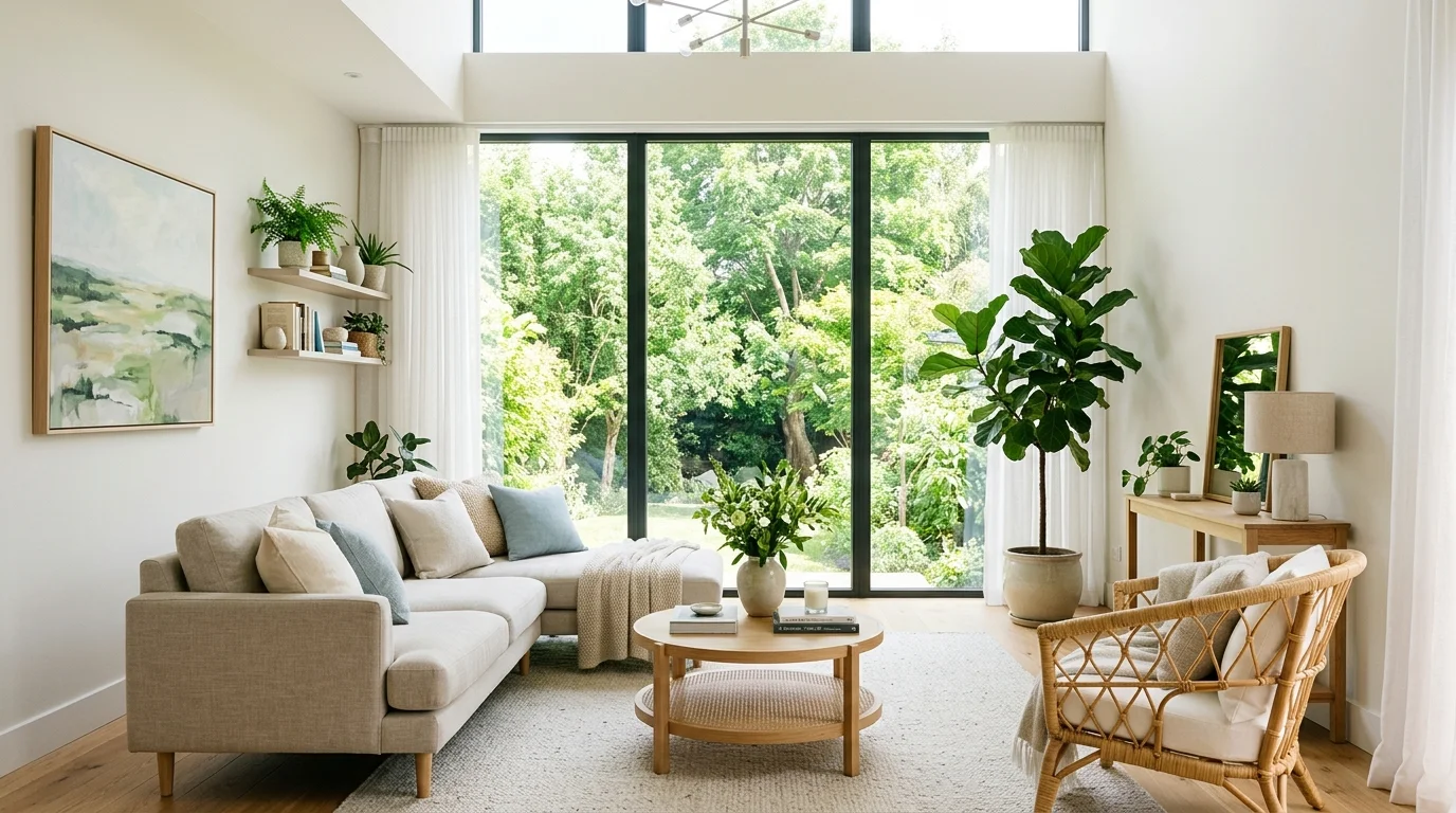 A living room with large windows overlooking greenery paired with light decor bright natural daylight fresh airy atmosphere no people