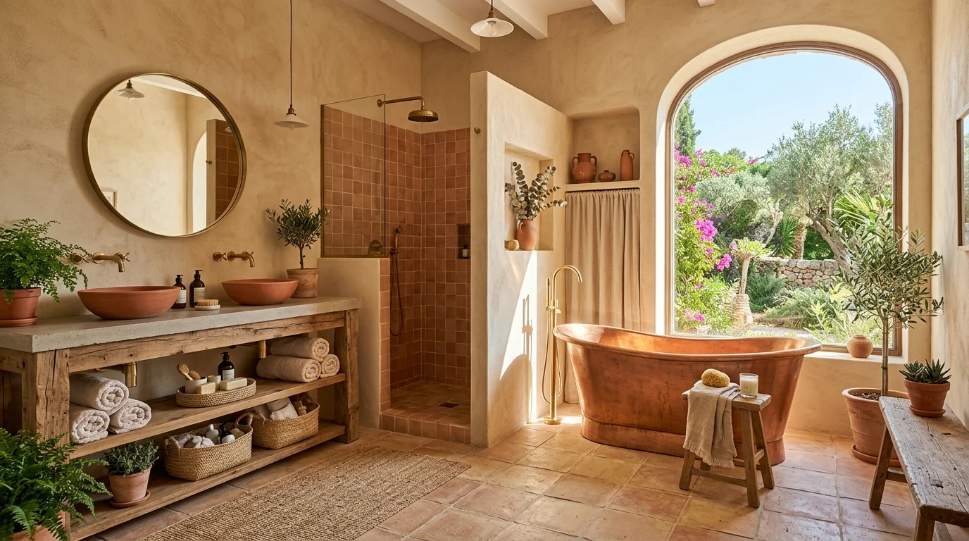 A bathroom with textured plaster walls and terracotta accents bright sunlight warm earthy spa like feel no people