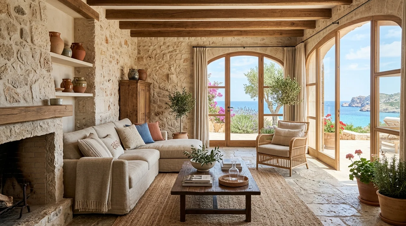 A space with a mix of stone wood and fabric textures bright natural light balanced Mediterranean aesthetic no people