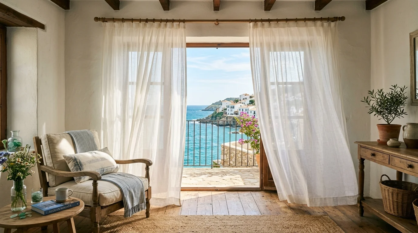A sun drenched room with sheer curtains flowing gently in the breeze bright natural daylight relaxed European coastal vibe no people
