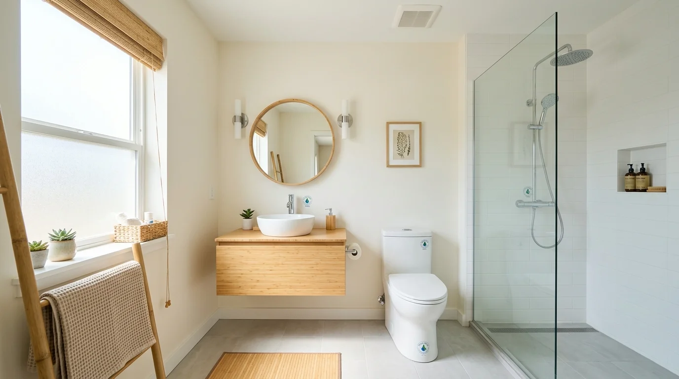 A bathroom with low flow fixtures and simple neutral decor bright lighting water saving eco conscious space no people