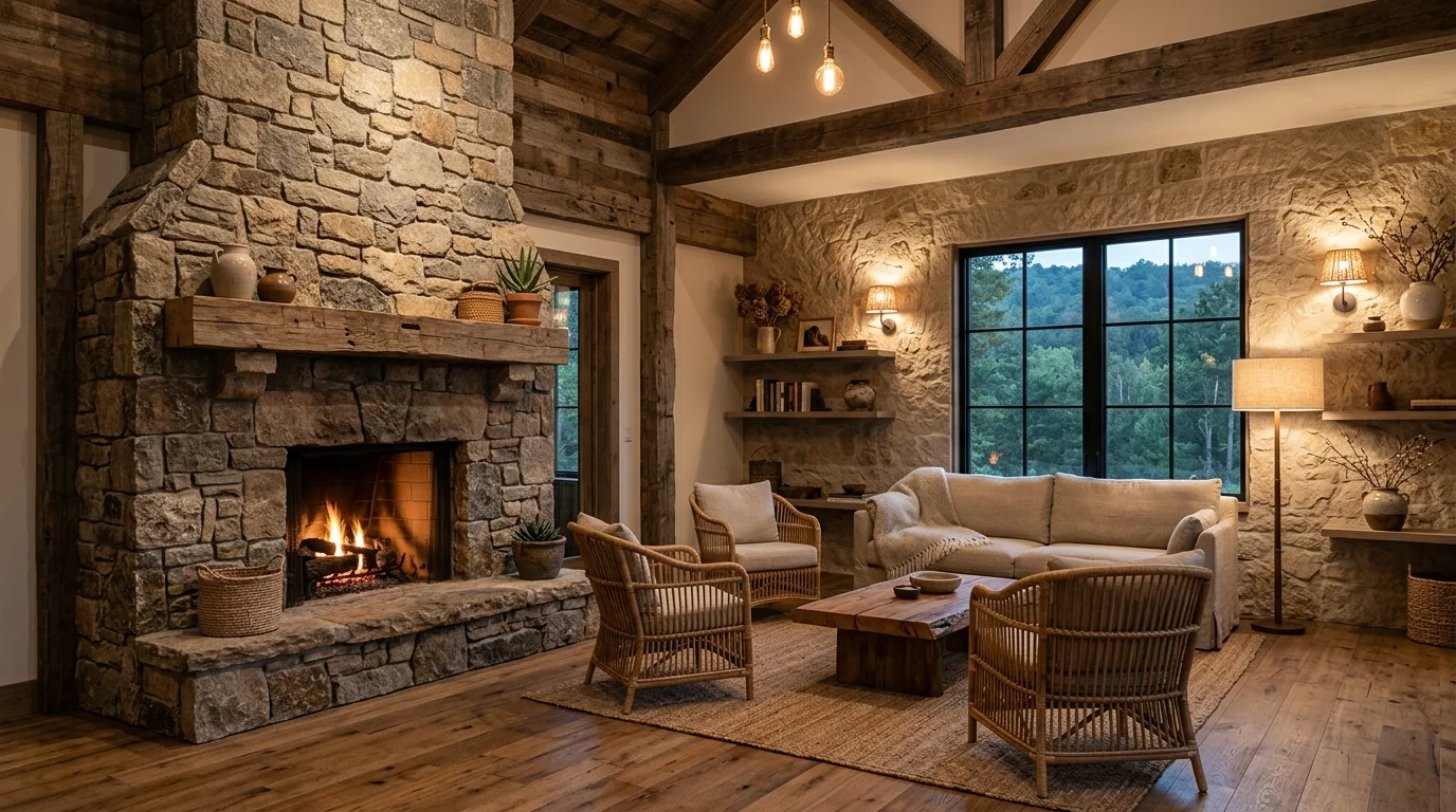 A space with reclaimed wood accents and natural stone elements soft lighting earthy sustainable aesthetic no people