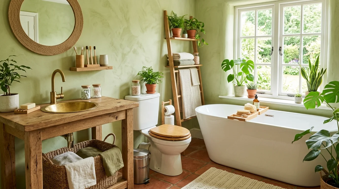 A bathroom with a compostable decor theme including natural fibers and minimal waste products bright natural light green lifestyle design no people