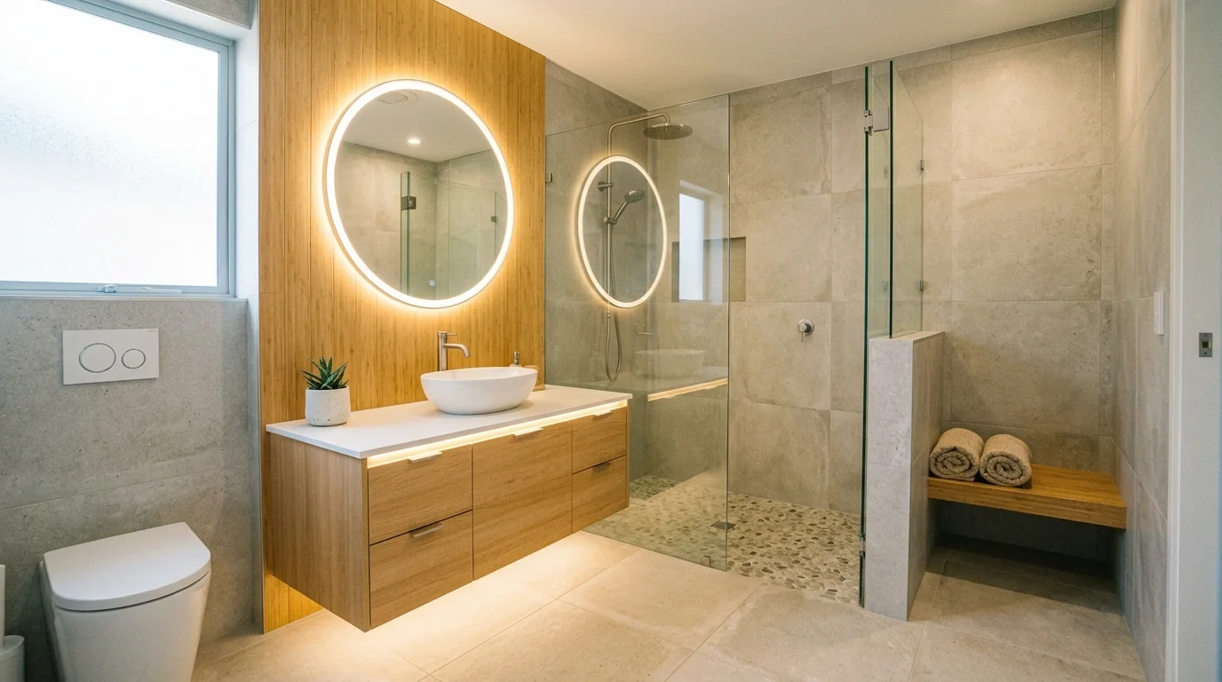 A room with energy efficient LED lighting and minimal decor bright lighting sustainable modern bathroom no people
