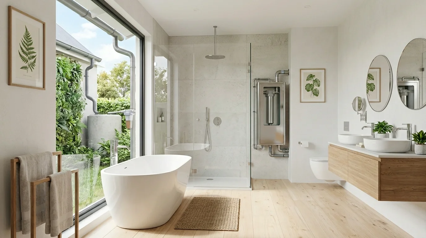 A bathroom with a rainwater harvesting system integrated with clean design bright natural daylight innovative eco friendly feature no people