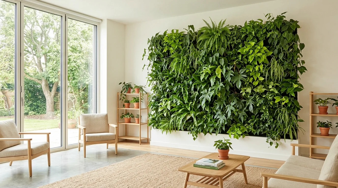 A space with a green wall of plants improving air quality bright natural light fresh sustainable decor no people