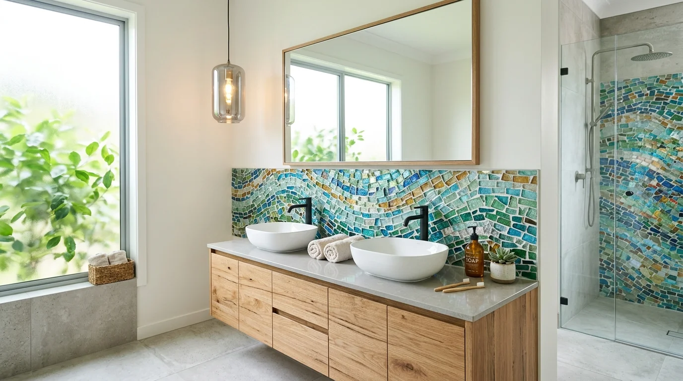A bathroom with recycled glass tiles creating a unique backsplash bright lighting eco conscious stylish design no people