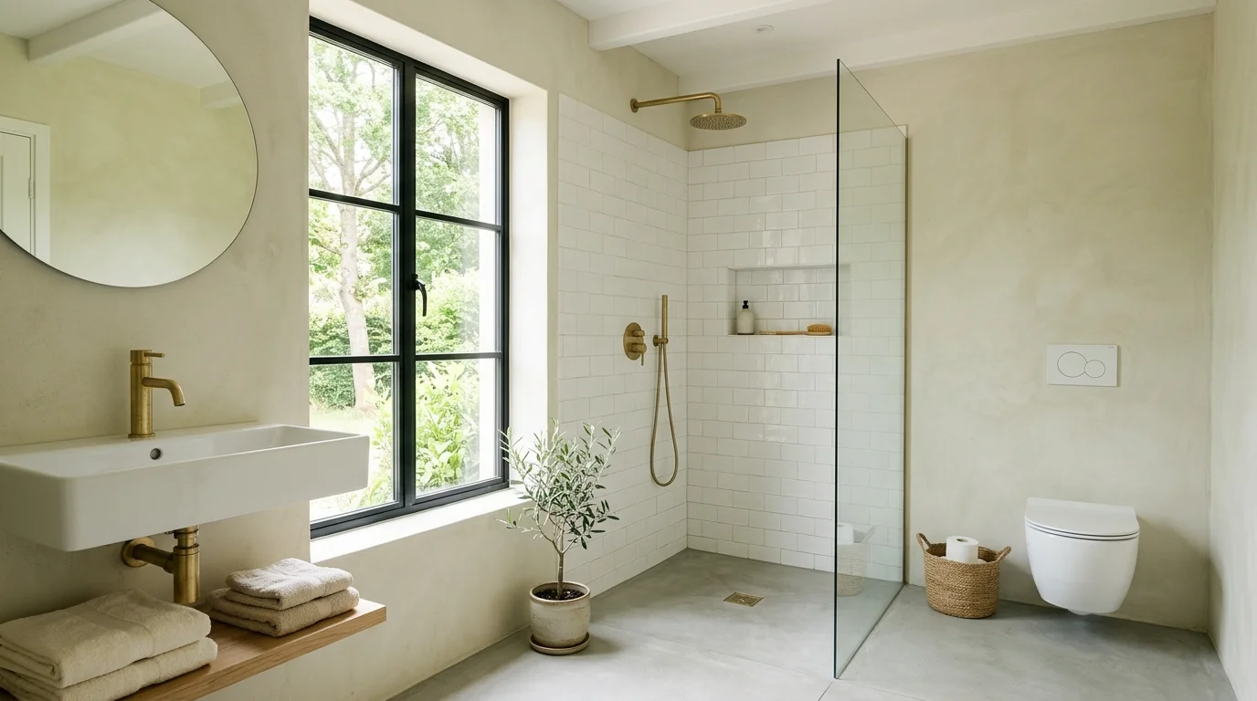 A minimalist bathroom with simple materials and low environmental impact bright natural daylight clean sustainable aesthetic no people