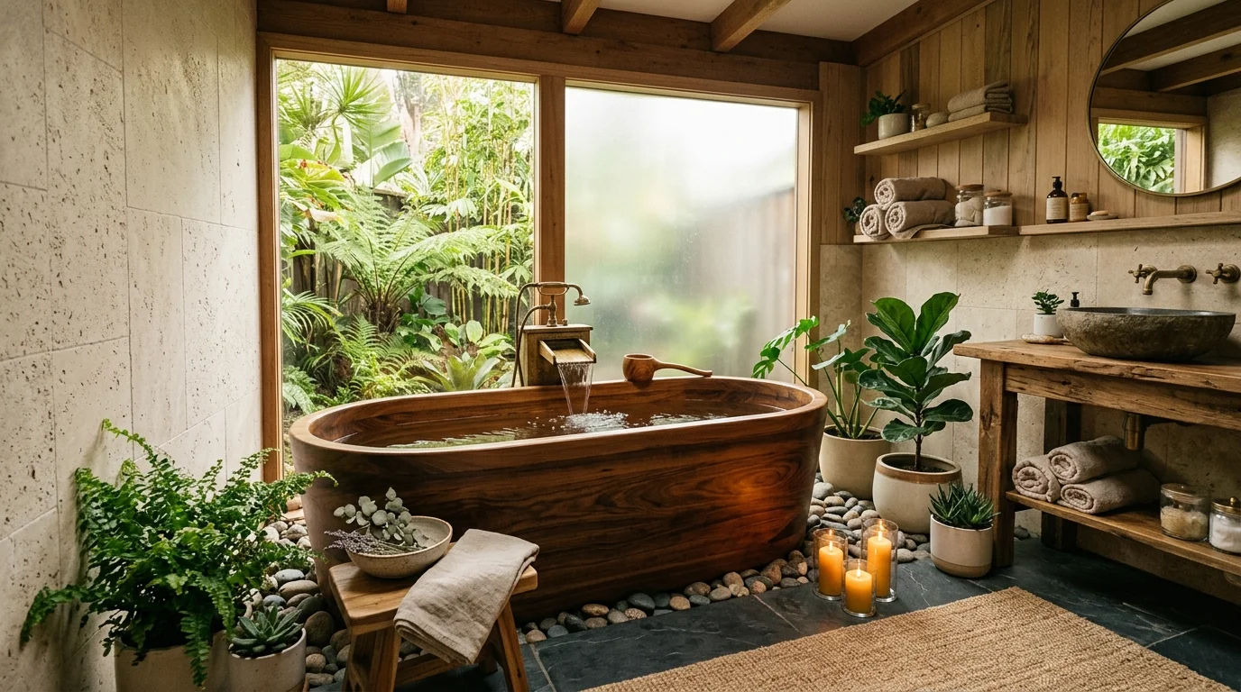 A bathroom with a wooden bathtub made from sustainable sources soft lighting luxurious eco friendly spa feel no people