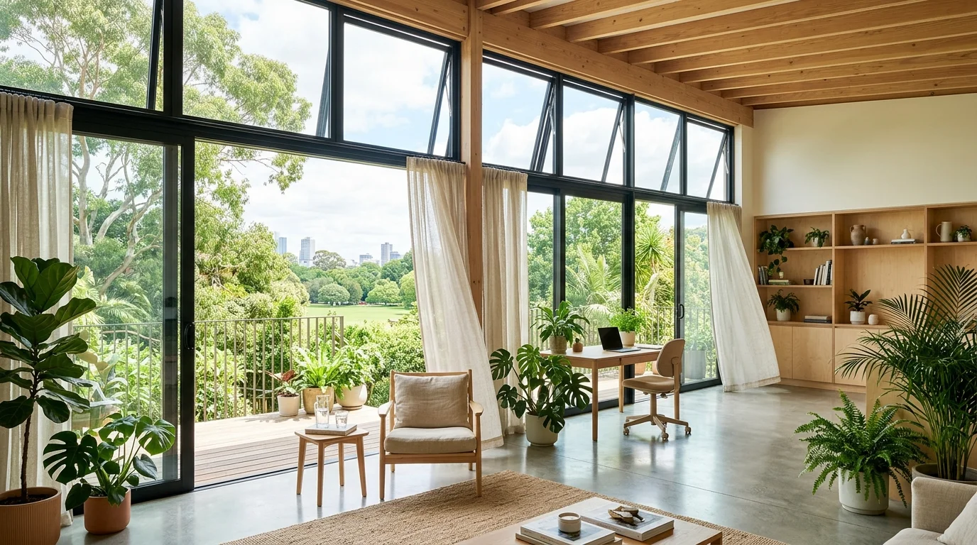 A room with natural ventilation and large windows reducing energy use bright natural daylight airy green design no people