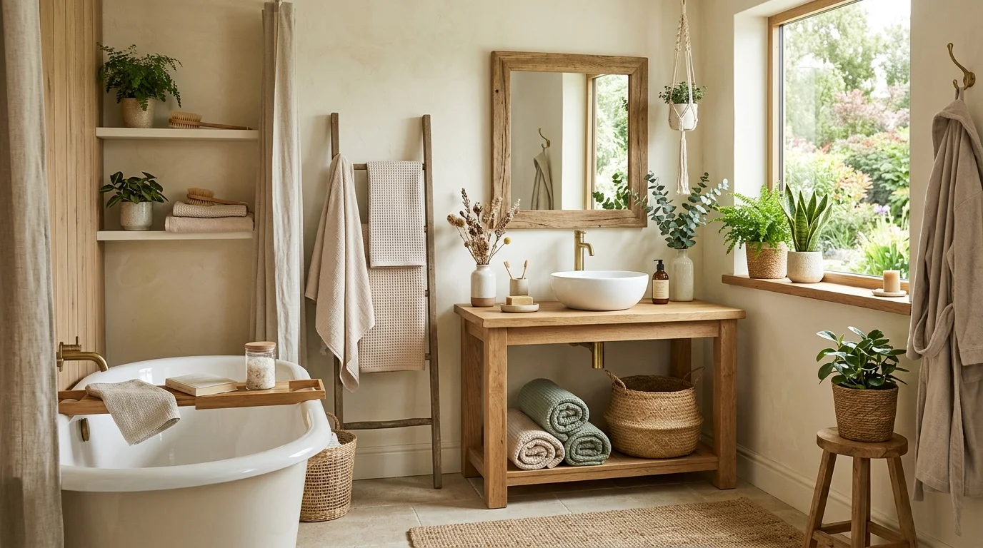A bathroom with organic textiles and sustainable decor elements bright lighting calm eco friendly environment no people