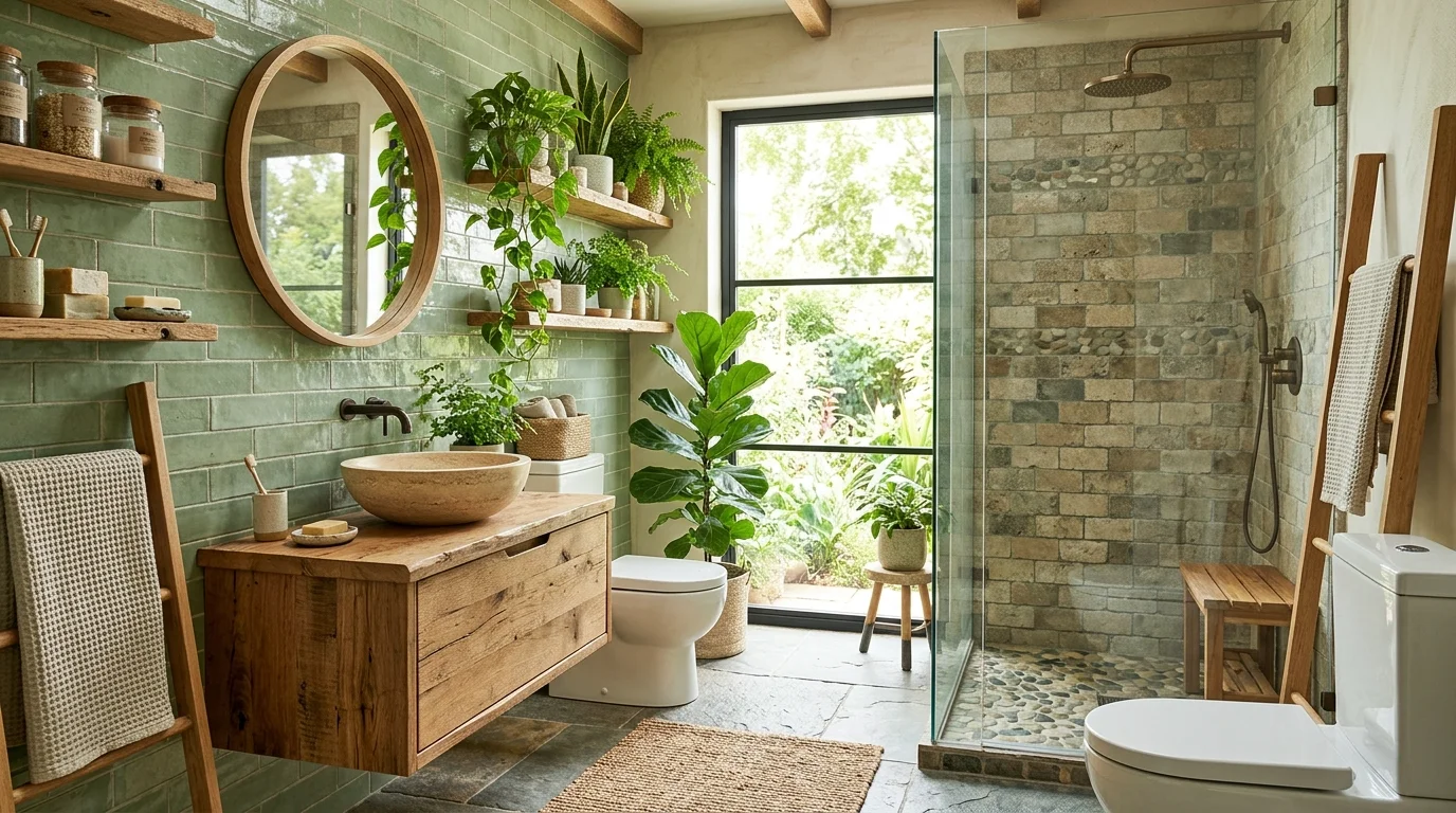 A green bathroom with a mix of natural materials including wood stone and plants bright natural light balanced sustainable design