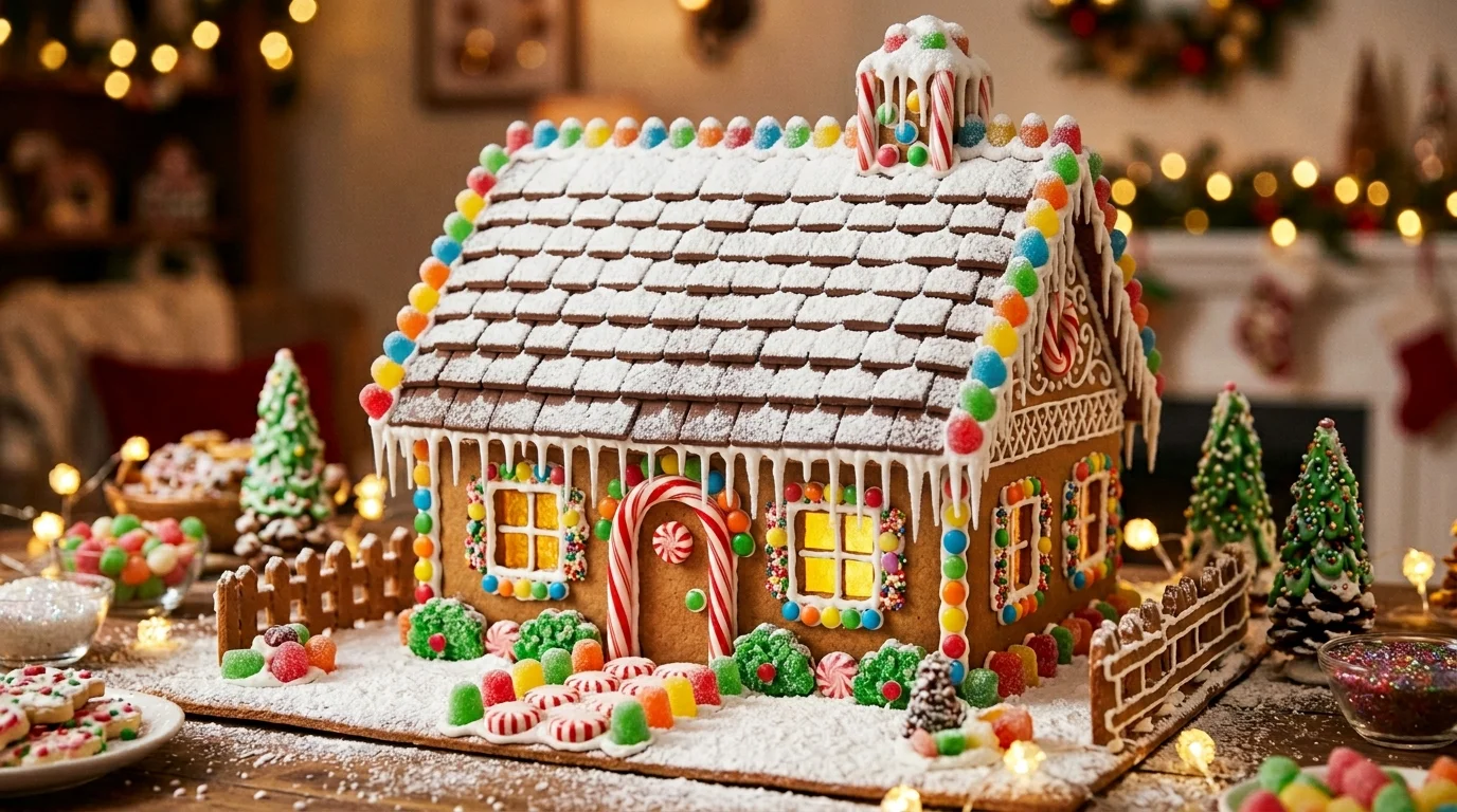A candy house with a roof covered in chocolate tiles and powdered sugar snow with bright gumdrop accents soft ambient lighting magical dessert display no people