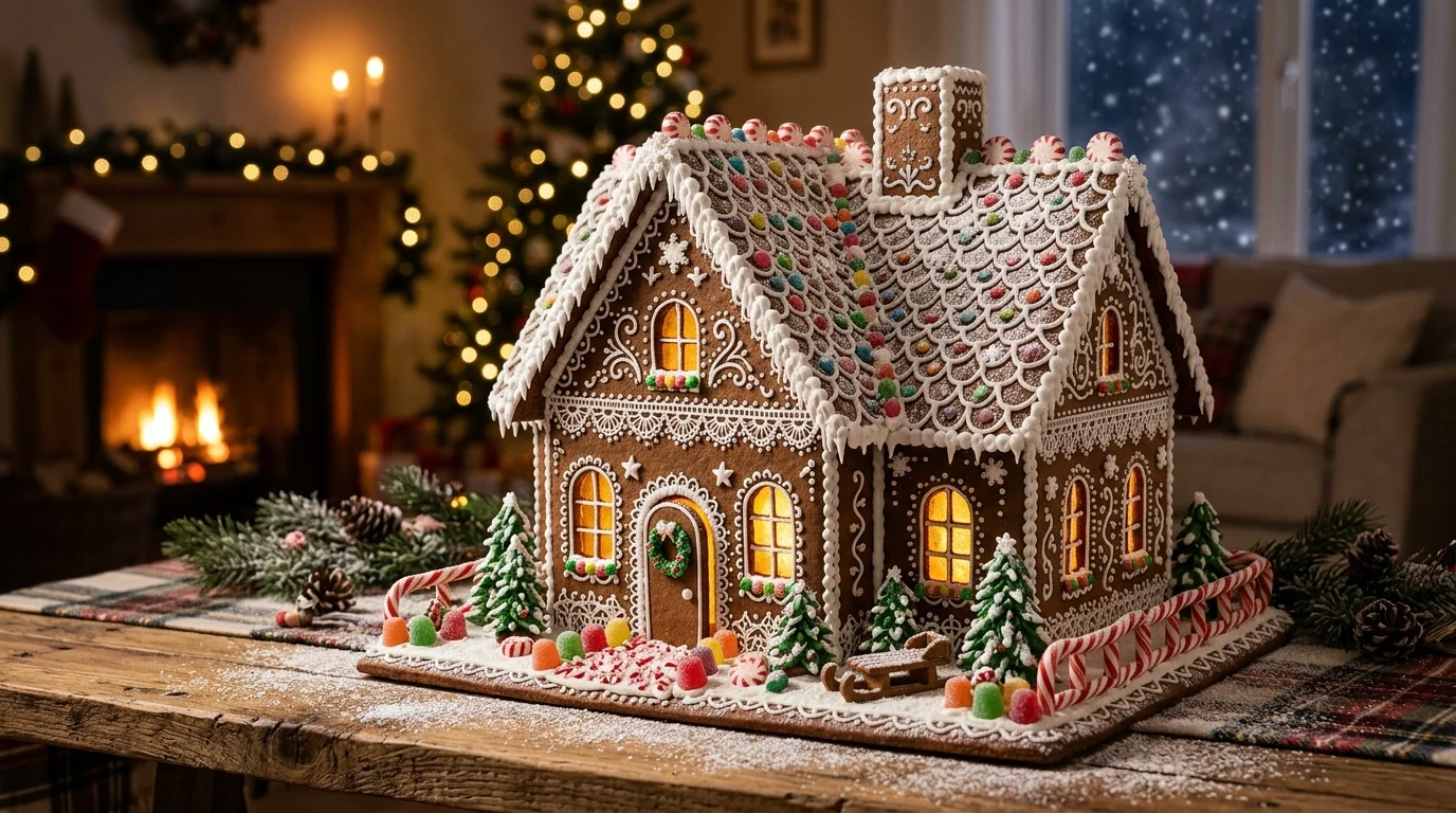 A gingerbread house with icing piped in intricate patterns and candy windows glowing from inside warm lighting cozy whimsical scene no people