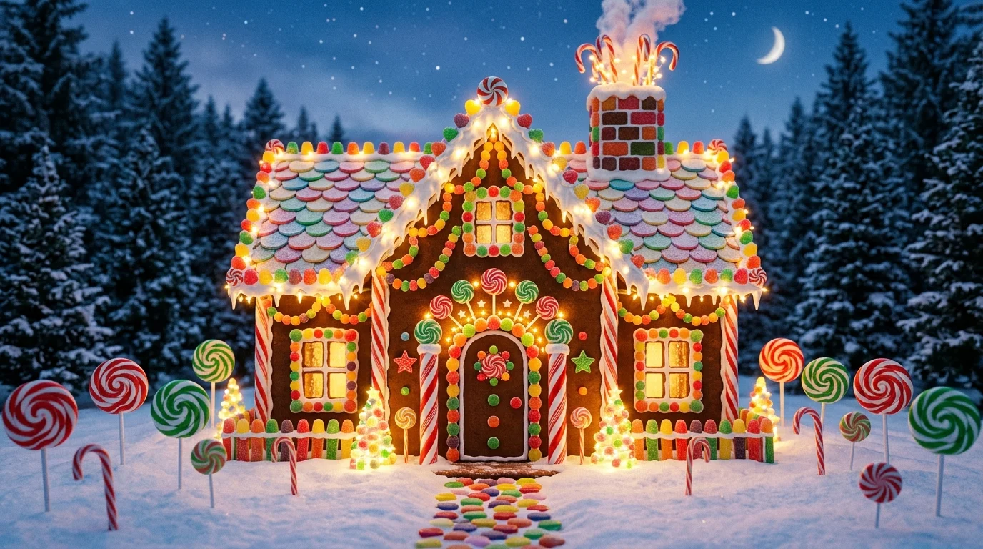 A candy house decorated with peppermint swirls lollipops and candy garlands bright festive lighting playful sugary design no people