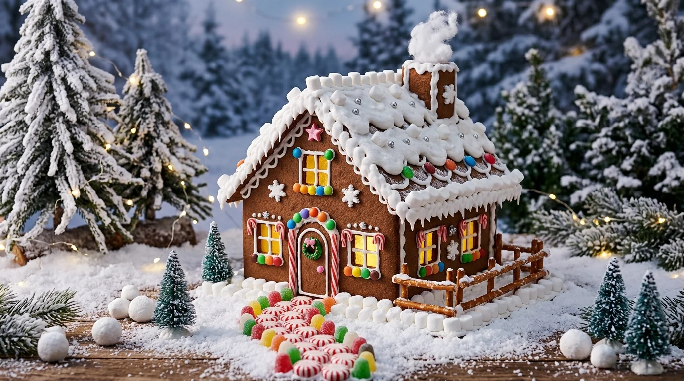 A gingerbread home with marshmallow snow lining the roof and base paired with candy pathways soft lighting charming winter wonderland no people