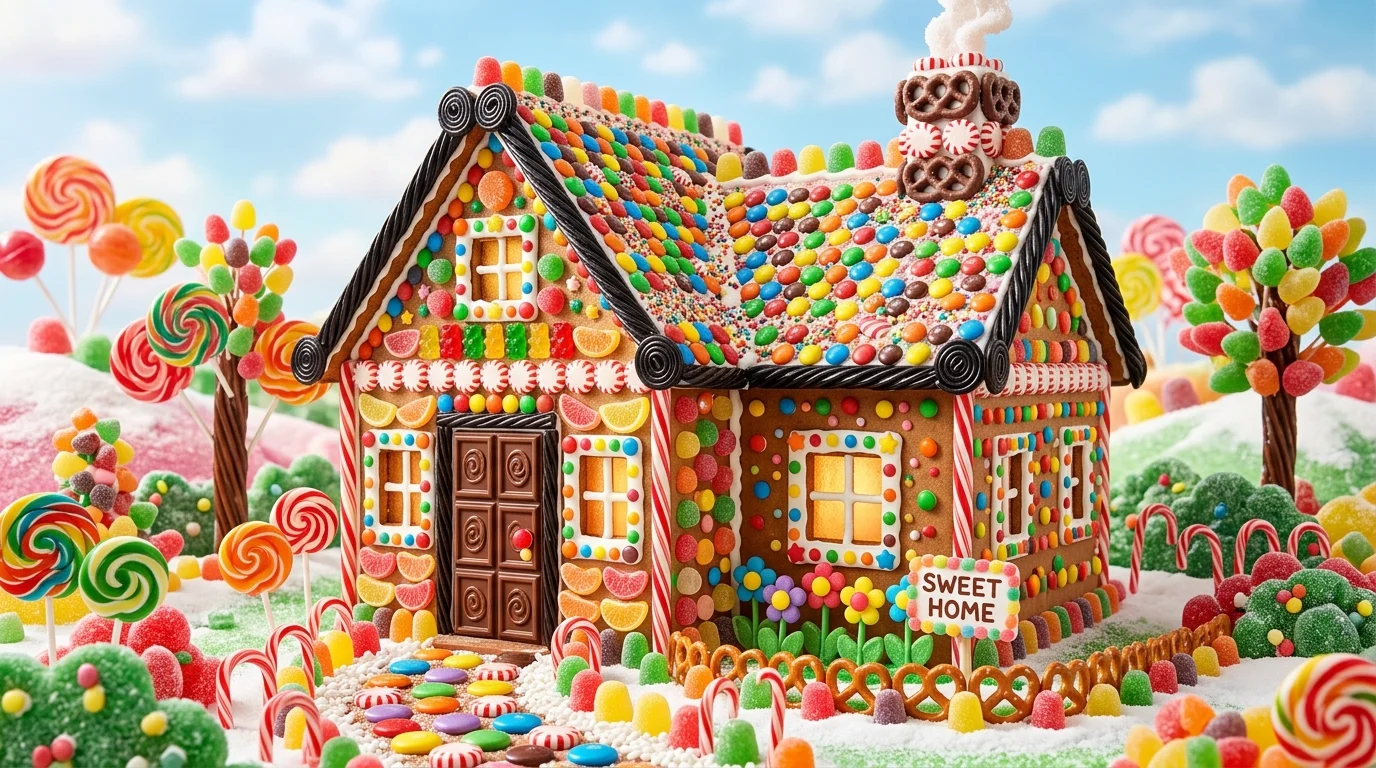 A candy house with licorice trim chocolate doors and colorful candy details bright lighting vibrant whimsical decor no people