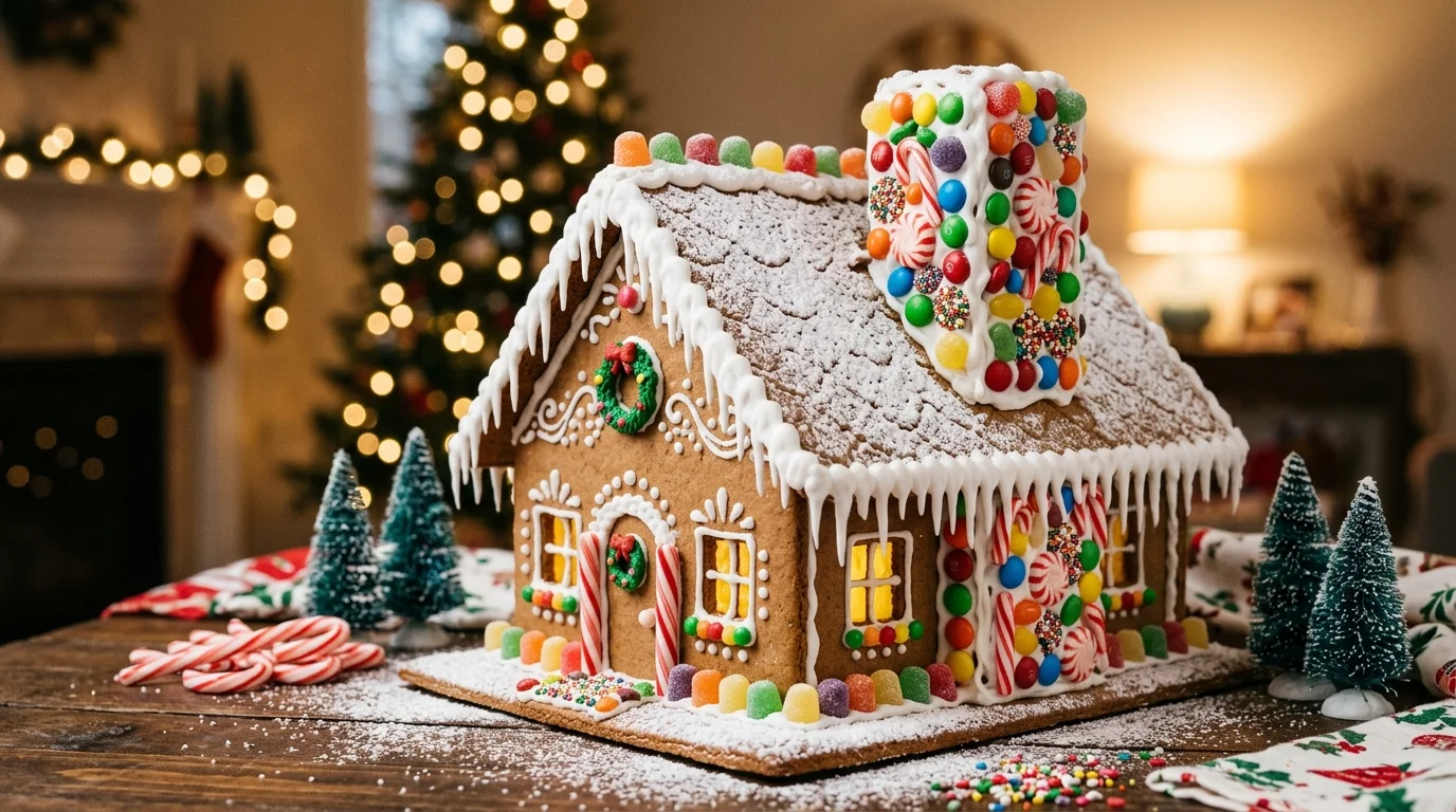 A gingerbread house with a candy covered chimney and icing icicles hanging from the roof soft lighting festive sweet detail no people