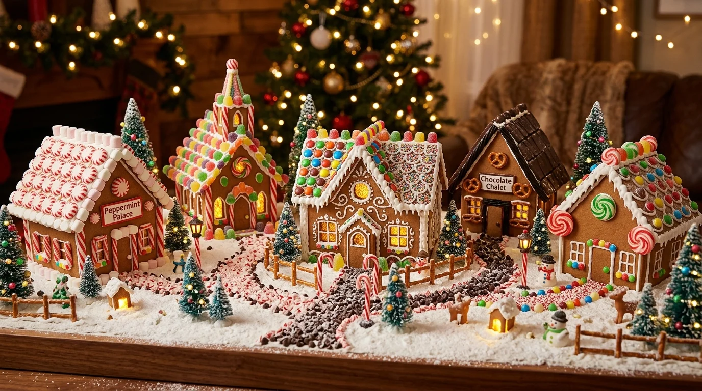 A miniature candy village with multiple gingerbread houses decorated in different candy themes warm ambient lighting magical holiday display no people