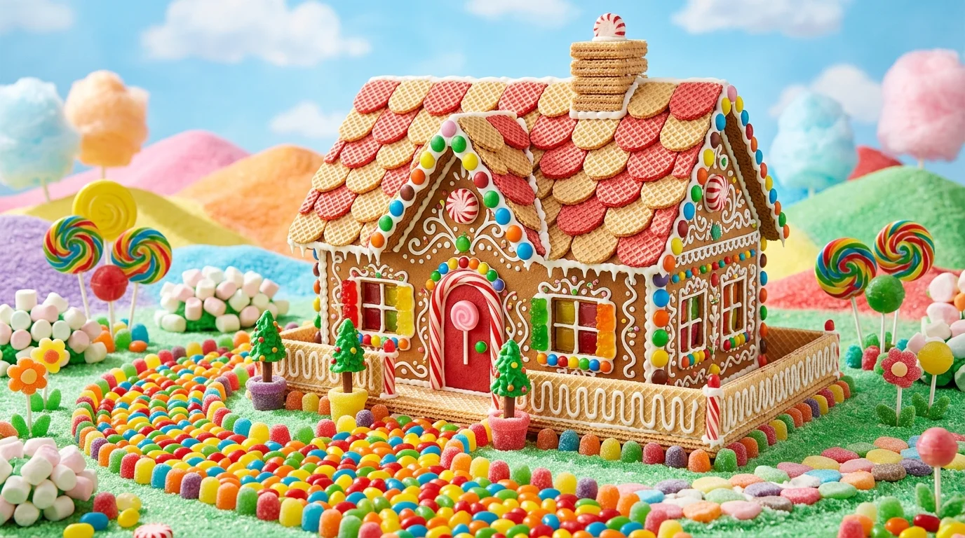 A candy house with a wafer roof jellybean walkway and icing details bright lighting cheerful playful aesthetic no people