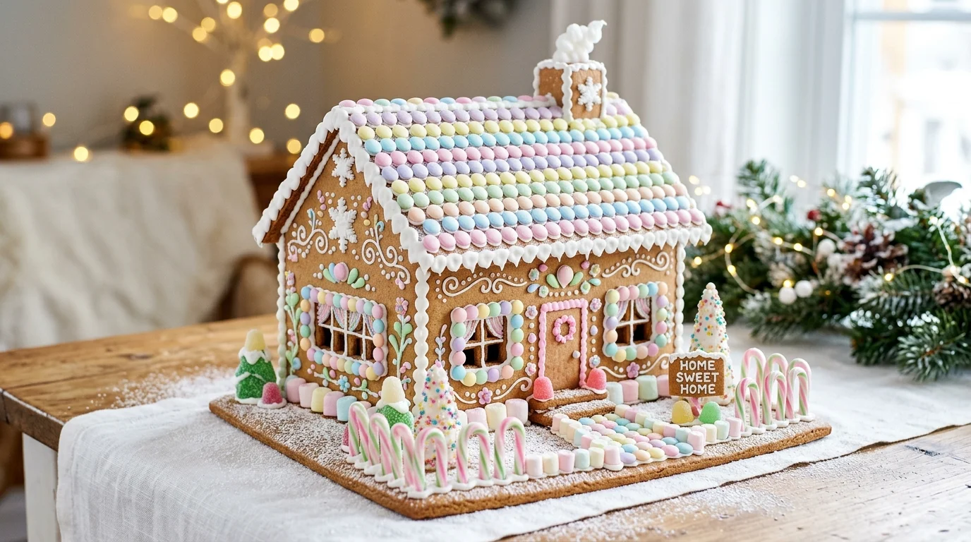 A gingerbread home decorated with pastel candies and soft icing patterns bright lighting whimsical modern candy style no people