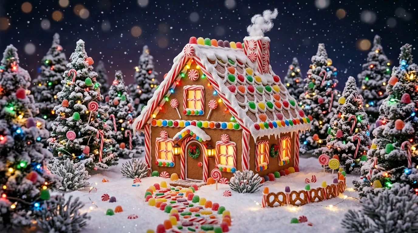 A festive candy house scene with sugar dusted trees and colorful candy accents soft lighting cozy magical holiday setting no people