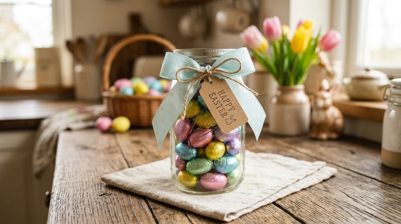 A DIY Easter candy jar filled with colorful chocolate eggs and wrapped in a ribbon, placed on a rustic kitchen counter, soft pastel tones, warm cozy lighting, close-up angled shot, no people