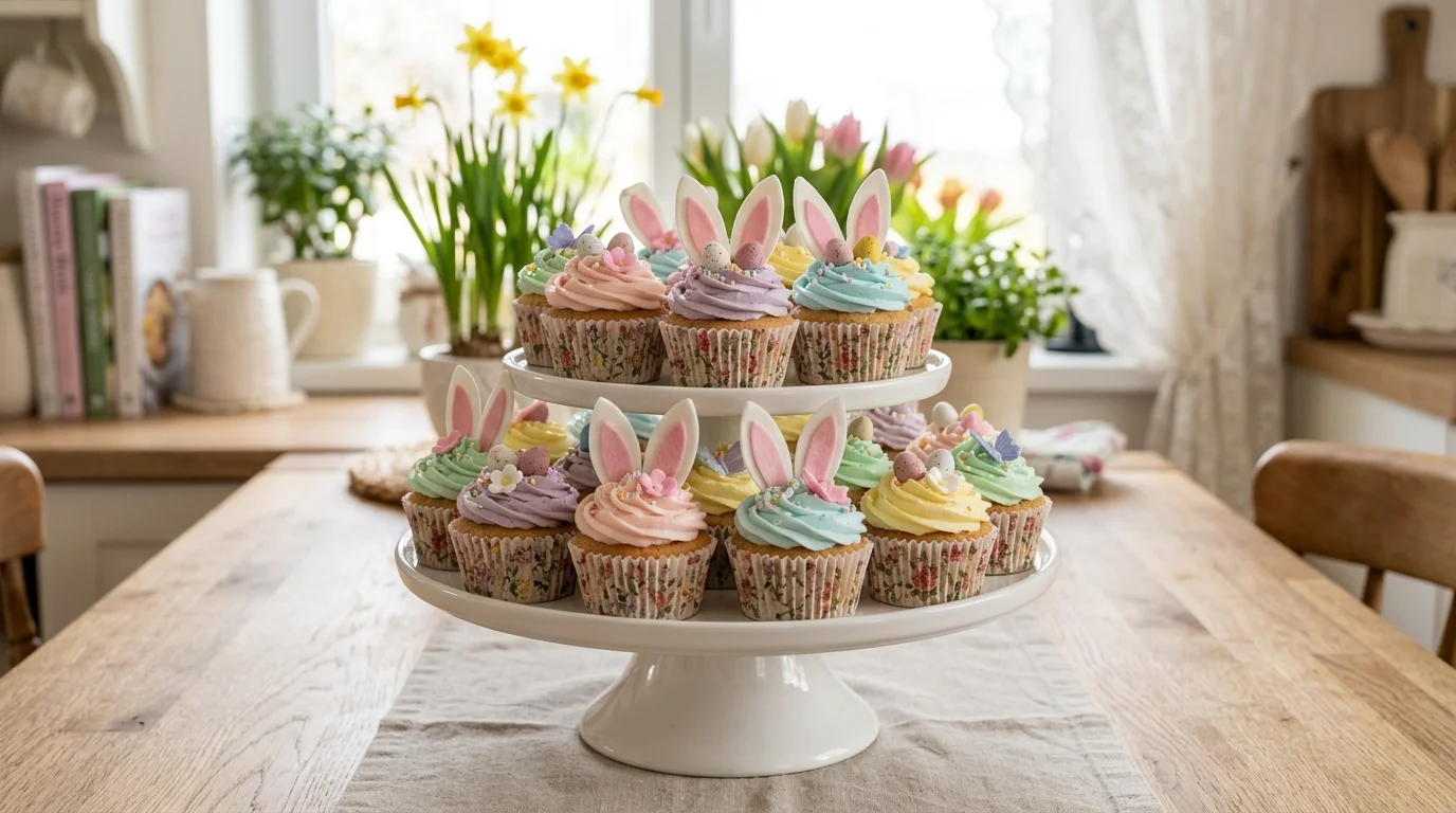 A homemade Easter cupcake display with bunny ear toppers, creamy frosting in pastel colors, floral cupcake liners, arranged on a white cake stand, bright airy lighting, eye-level composition, no people
